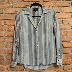 Lumière Womens Small Top White Black Geometric Button Down‎ Shirt Long Sleeve